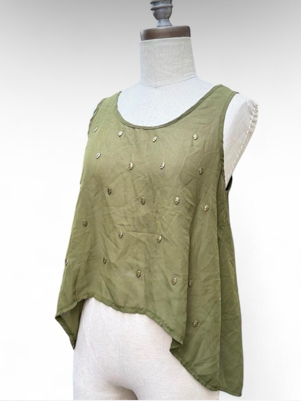 Y2K sheer olive green hi lo top skull studs sleeveless size small
